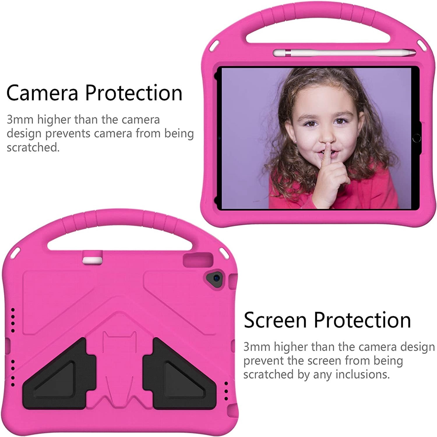 SaniMore Kids Case for iPad 10.2 2021/2020/2019, iPad 9th/8th/7th Generation Case with Pencil Holder & Screen Protector, Shock Proof Light Weight Convertible Handle Stand Kids Shell Case, Rose
