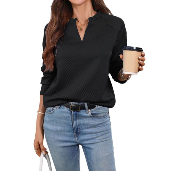 Women's V-Neck Textured Light Weight Long Sleeve Sweatshirt Casual Outfits Spring Fall Clothes Black S