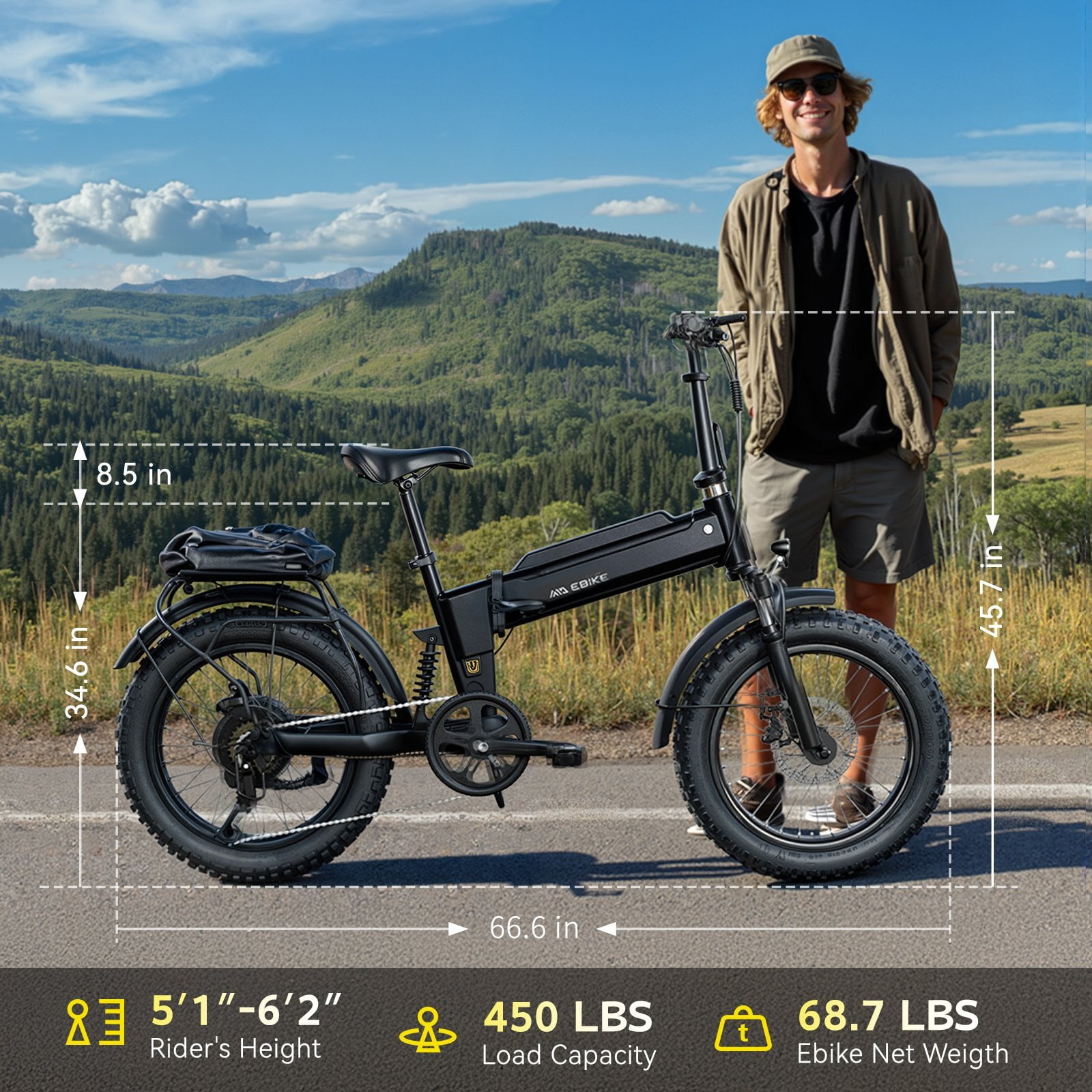Electric Bike for Adults, Peak 1000W Motor Electric Bicycle, 20" Fat Tire E-Mountain Bike, 10.4Ah Battery UL2849, App Control