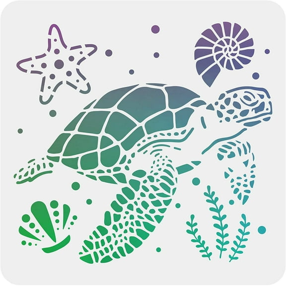 Tortoise Stencils 11.8x11.8 inch Sea Animal Templates Plastic Starfish Seaweed Conch Shell Pattern Painting Stencils Reusable Ocean Theme Stencil for Painting on Wood Floor Wall and Tile