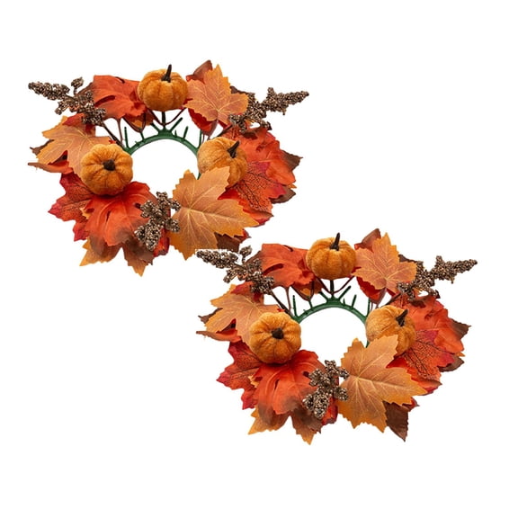 Artificial Pumpkins Maple Leaves Candle Rings Wreaths,Pillar Candle Holder,Fall Candle Holders,Small Candle Wreath Rings,Fall Mini Candle Holder for Thanksgiving Party Farmhouse Table Decor