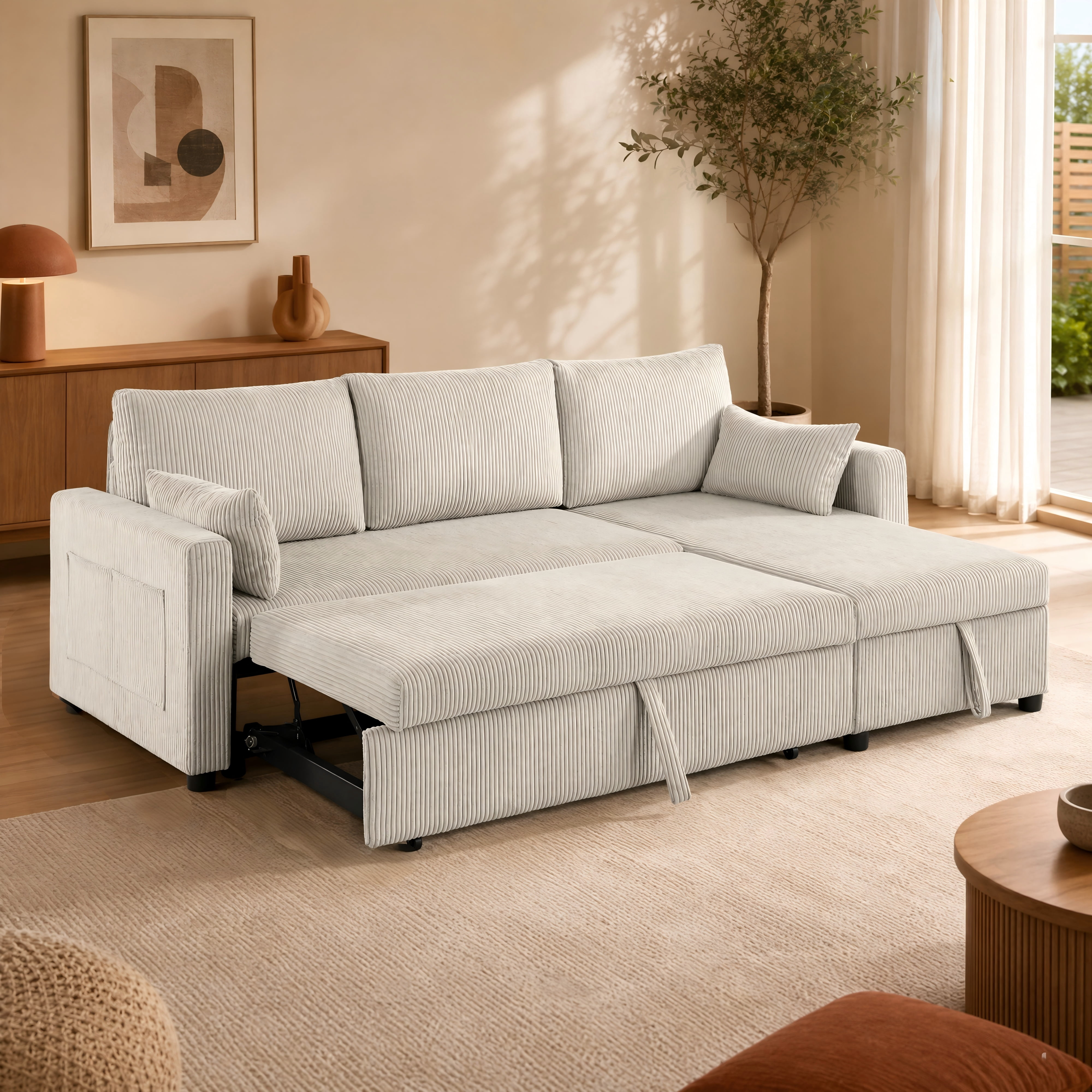 Gewnee 3-Seater Convertible Sofa,Pull Out Sleeper Sofa Bed with Storage Chaise,L-Shaped Corduroy Couch for Living Room,Apartment and Office.Beige