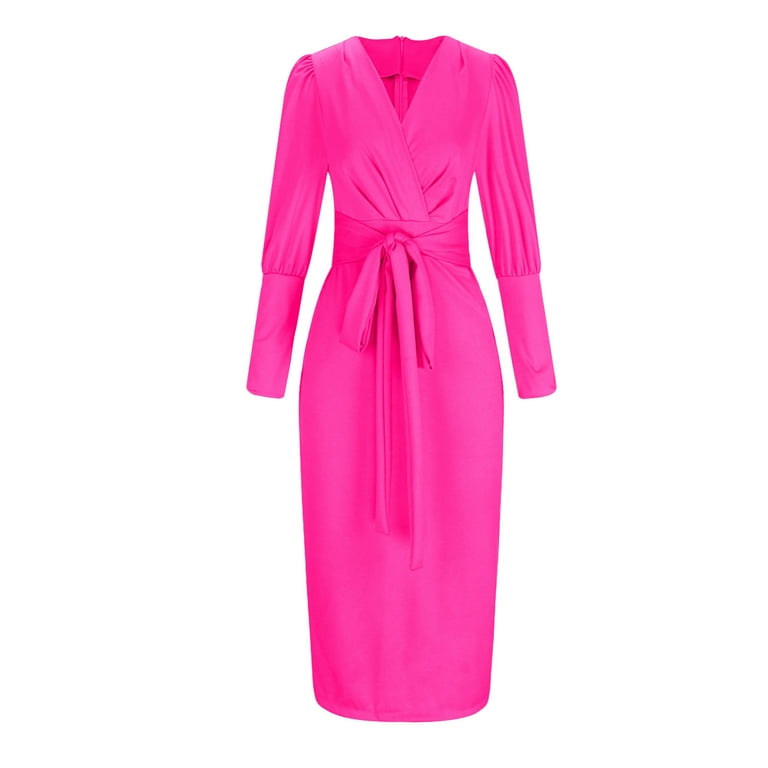 pink bodycon wrap dress Blczomt Dressy Casual Women's Dress Midi Long Sleeve Pink Sheath Wrap V Neck Bodycon Solid Formal Dress, Size: 4,6,8,10,12,14,16,18,20