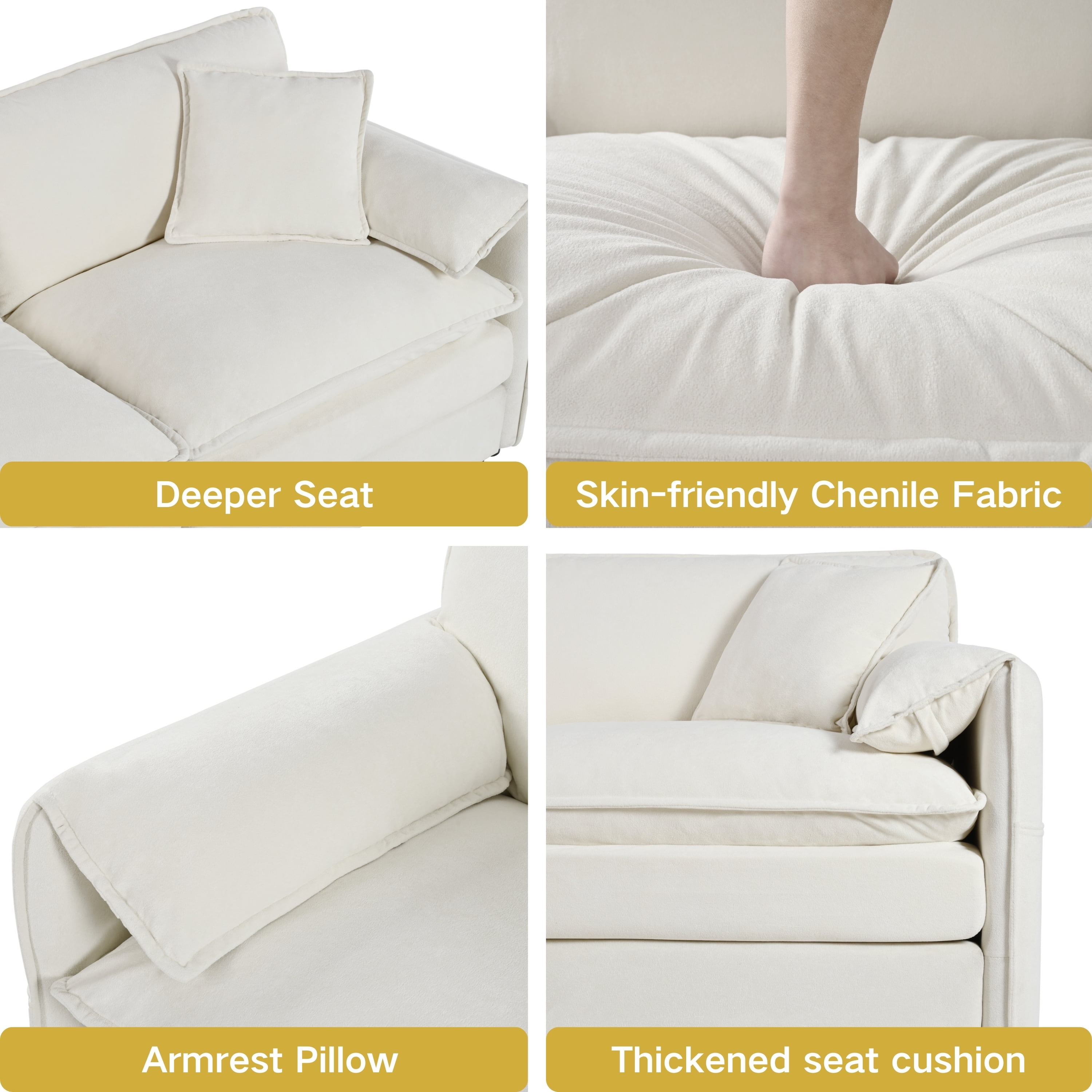 Gewnee Deep Seat Luxury 2 Piece Loveseat Couch & Sofa Armchair Set, Modern Upholstered Beige Chenille Cloud Couches Set DIY Combination Furniture with 3 Pillow for Living Room