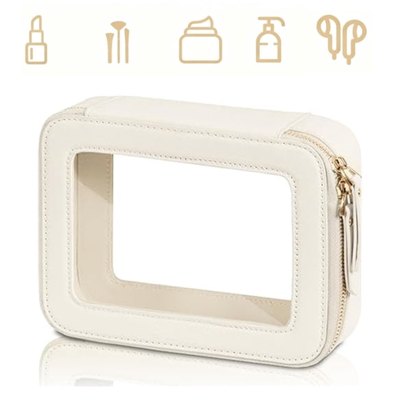 1 Pack Beige Clear Makeup Bag, Waterproof Cosmetic Organizer Case, Travel Toiletry Pouch with Golden Zipper, Skincare & Bathroom Storage Bag for Women