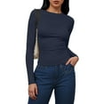 thumbnail image 2 of felwors Women's Long Sleeve Crew Neck Shirts Fall Basic Casual Ruched Side Slim Fit T Shirts Tee Tops Navy, M, 2 of 4