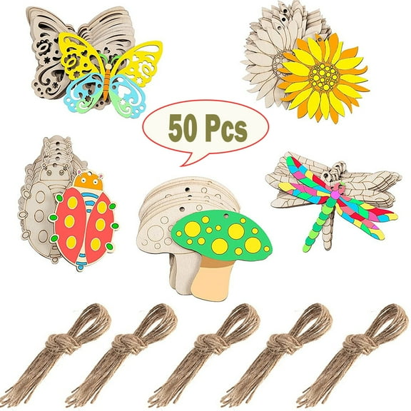 TRARIND 50 Pcs Unfinished Wooden Cutouts Butterfly Wood Slices Flower Unfinished Wood Cutouts Blank Wooden Paint Crafts for Kids Painting, DIY Crafts Home Decoration Craft Project