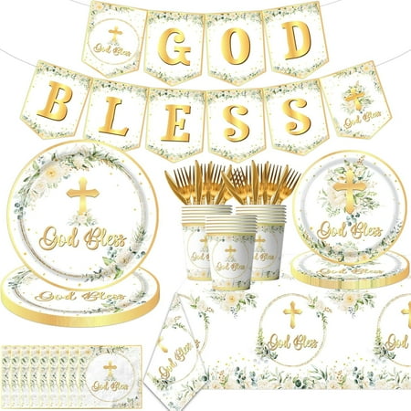 God Bless Baptism Plates and Napkins for Girl, Floral Disposable First Communion Plates Napkins Cups Tablecloth Banner for Christening Baby Shower Party Decorations