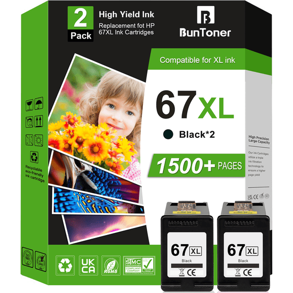 67XL Black Ink Cartridge Compatible for HP 67 Black Ink Cartridge for Deskjet 2742e 2752e 2755e 2855e 4155e 4255e 6055e 6065e Printer (2 Pack)