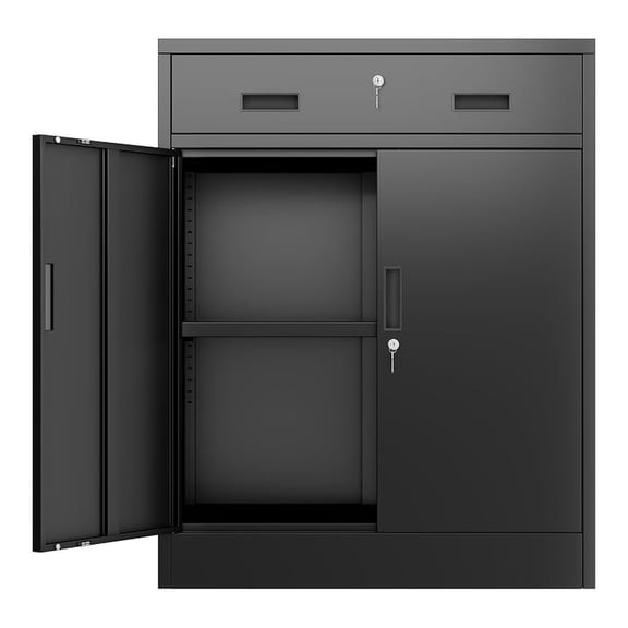 Metal Storage Cabinet, Garage Storage Cabinet with One Drawer and Adjustable Shelf, Locking Short Storage Cabinet for Office Garage Home, Black Metal Cabinets(36" H x 27.5" W x 16" D)