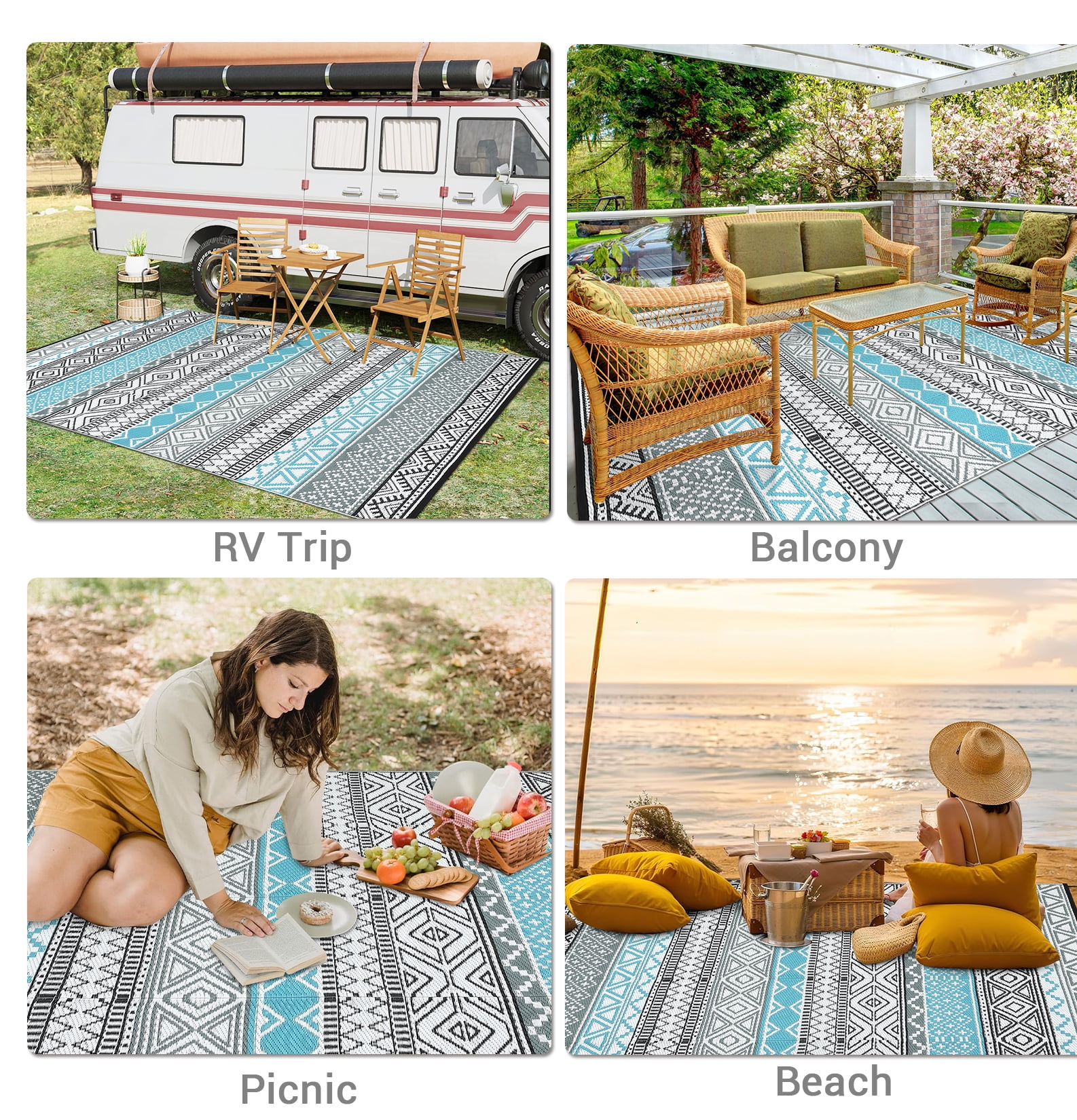 COZONY 9x12 ft Outdoor Rug, Reversible Waterproof Patio Mat, UV & Stain Resistant, Foldable for Garden, Campsite, Blue/Gray/Black/White