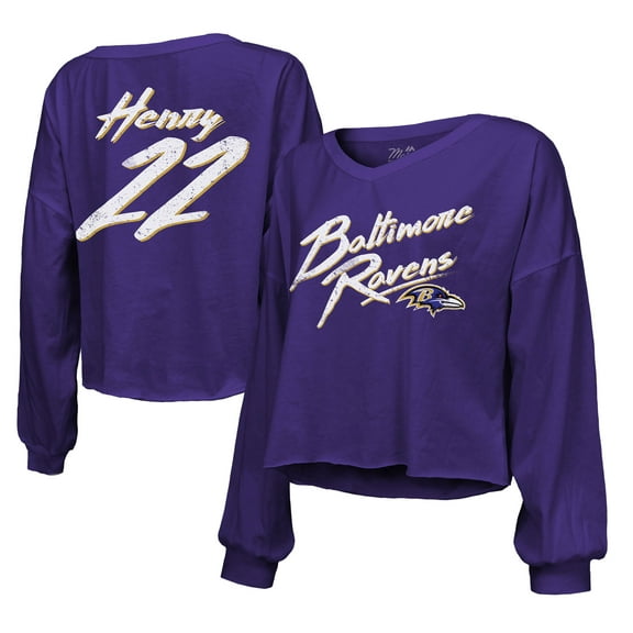 Women's Majestic Threads Derrick Henry Purple Baltimore Ravens Name & Number Off-Shoulder Script Cropped Long Sleeve