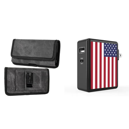 

Holster and Wall Charger Bundle for Moto G 5G (2022): Rugged Denim Nylon Belt Pouch Case (Grey/Black) and 45W Dual USB Port PD Power Delivery Type-C and USB-A Power Adapter (American USA Flag)