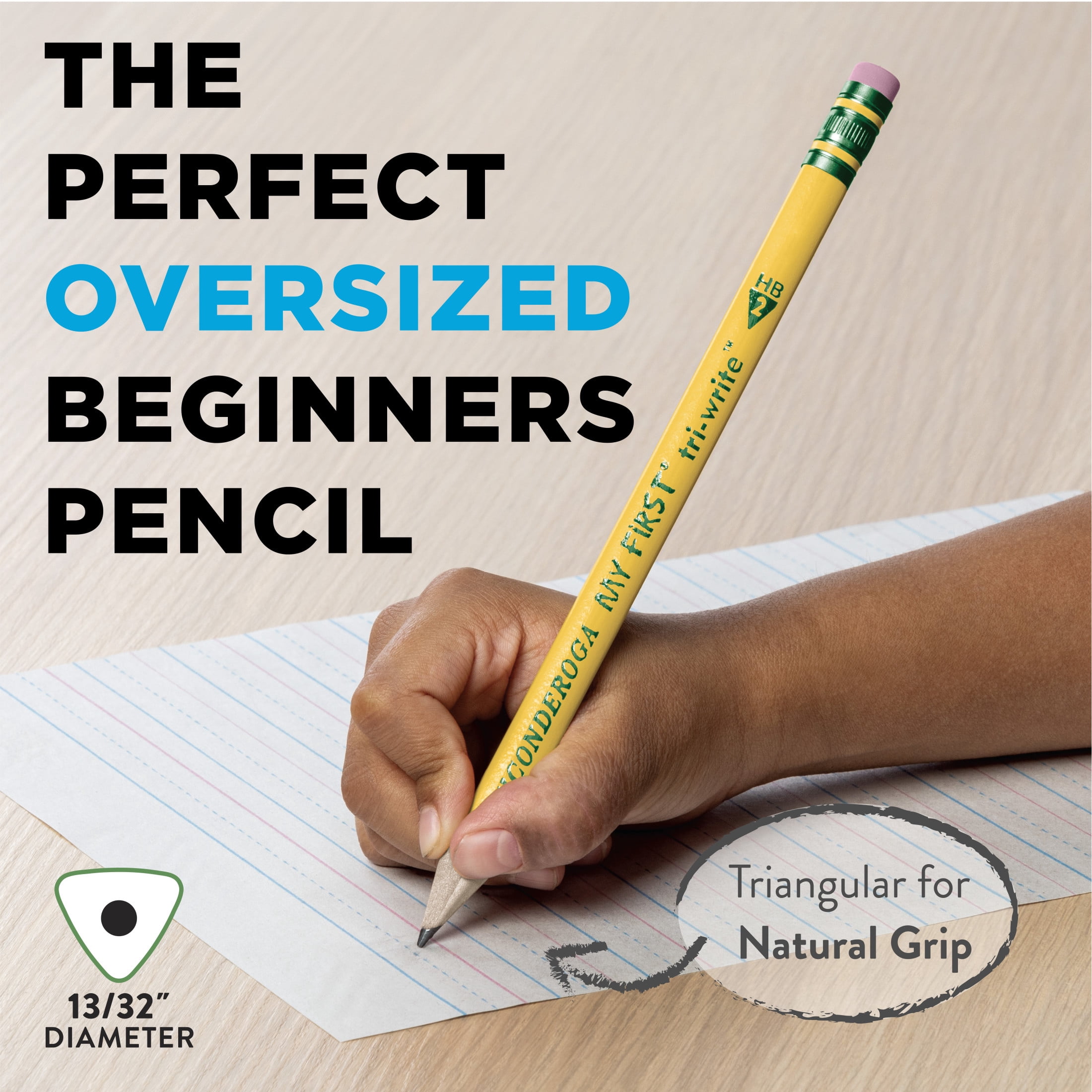 Ticonderoga My First Tri-Write Wood-Cased Pencils, Unsharpened, #2 HB Soft, With Erasers, Yellow, 36 Count