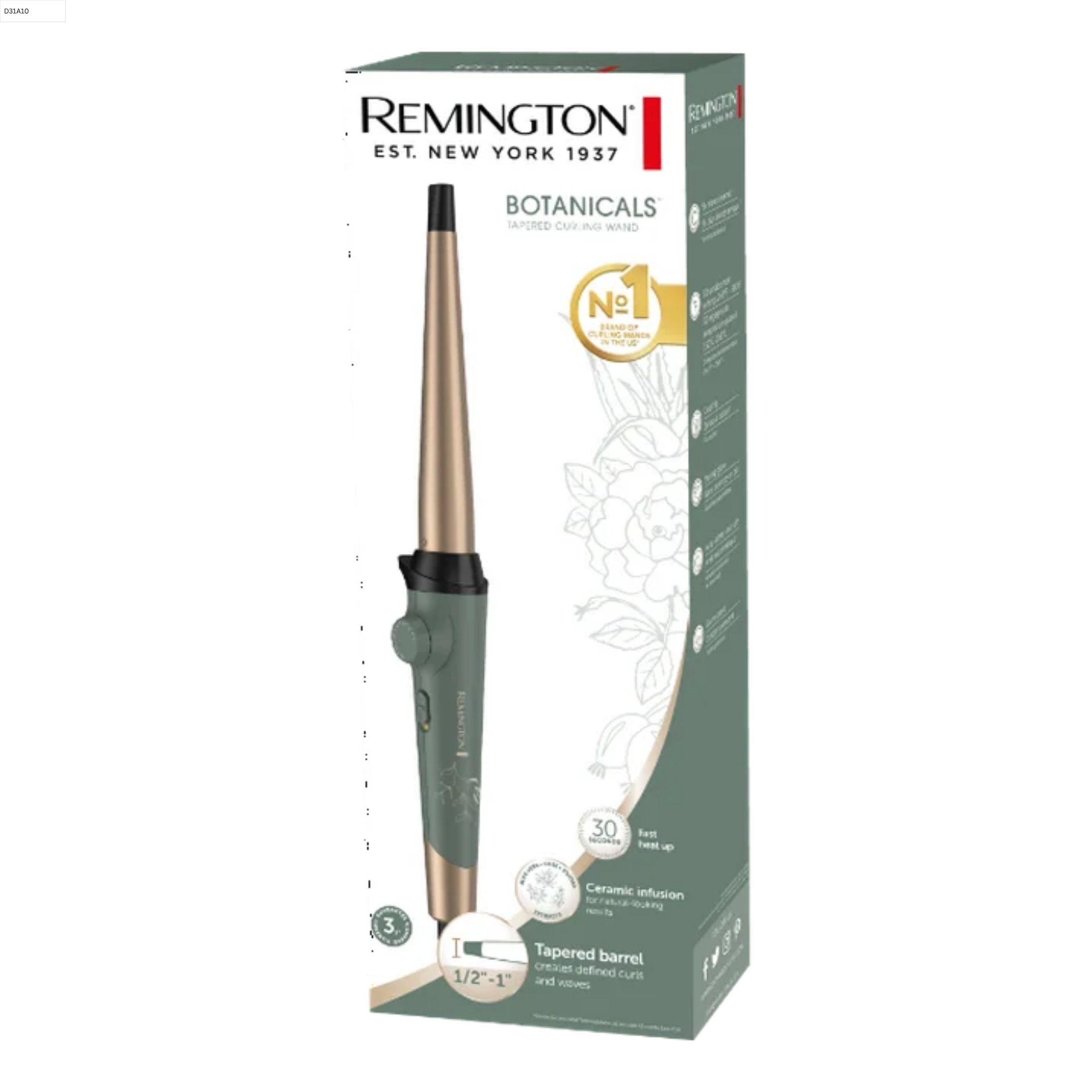 REMINGTON Botanicals Collection ½”-1” Tapered Curling Wand with Plant-Based Micro-Conditioners and Grip-Tech Technology, Green