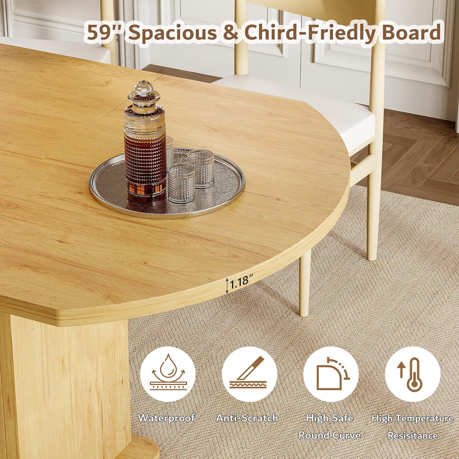 iPormis Extendable Round Dining Table for 4-6, 59'' Modern Kitchen Table with 2-Tier Storage Shelf, Wood Door, MDF Board, Space Saving Oval Dinner with Sturdy Pedestal Base, Kitchen, Dining,Oak