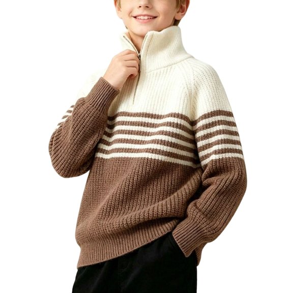 Odeerbi Kids Sweater Boys Striped Color Block Half Zip Mock Neck Long Sleeve Thermal Warm Knitwear