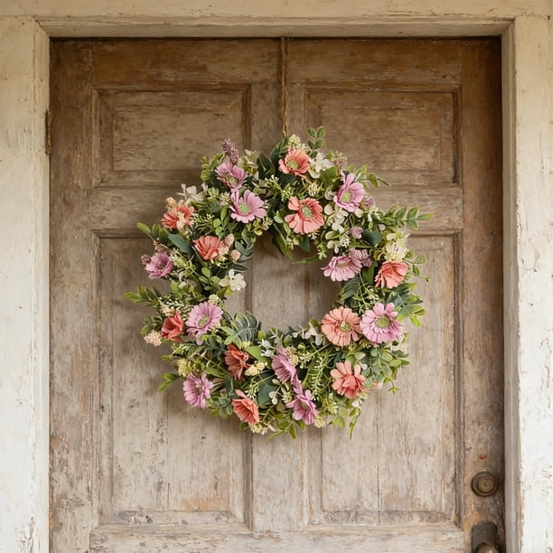 Guirnalda de flores para puerta de primavera con tulipanes, hojas y helechos, corona para exterior/interior, 35 cm, hecha a mano, decoración de puerta para bodas y eventos.