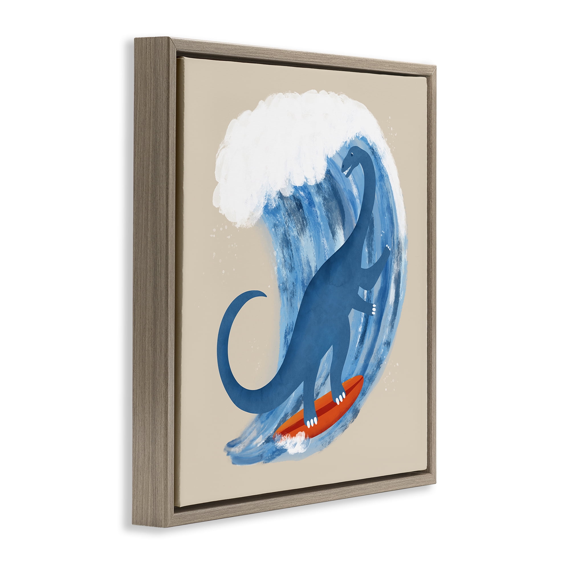 Stupell Industries Surfing Dino Brontosaurus Novelty & Humor Painting Brown Floater Framed Canvas Art Print Wall Art, 18 x 18