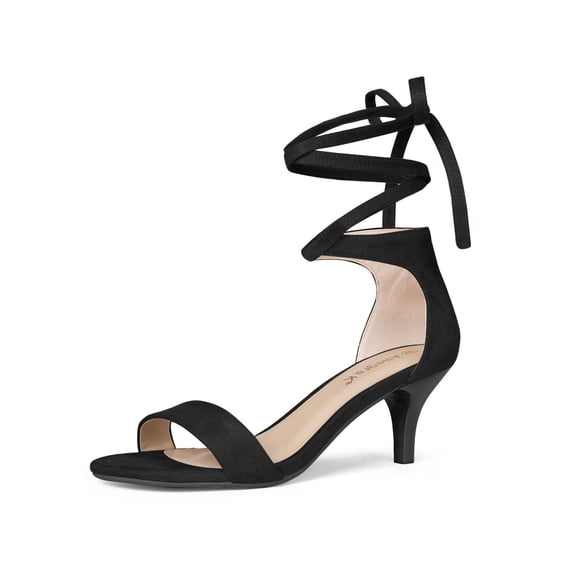 BLISSFUL STEP Women's Shoes Faux Suede Lace Up Open Toe Kitten Heel Cushioned Footbed Sandals Black 6