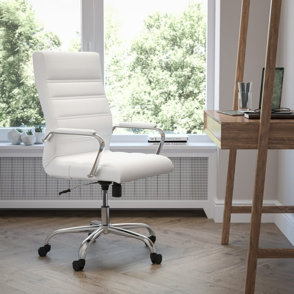Emma   Oliver High Back White LeatherSoft Executive Swivel Office Chair with Chrome Frame/Arms