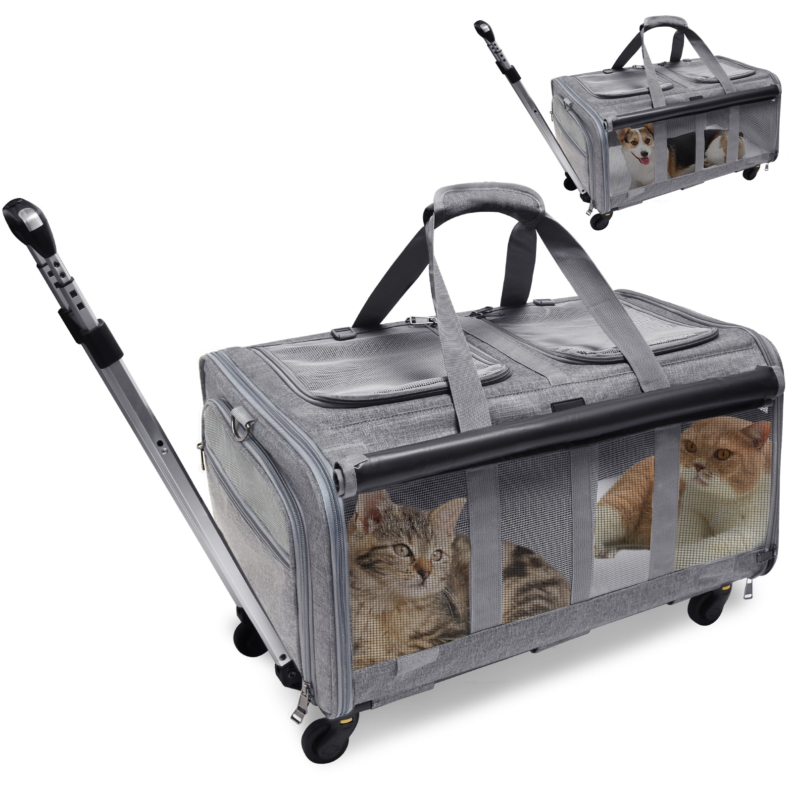 Rolling Cat Carrier with Wheels for 2 Cats, Double-Compartment Foldable Pet  Carrier with Wheels for 2 Small Cats and Dogs, Pet Cat Travel Carrier for