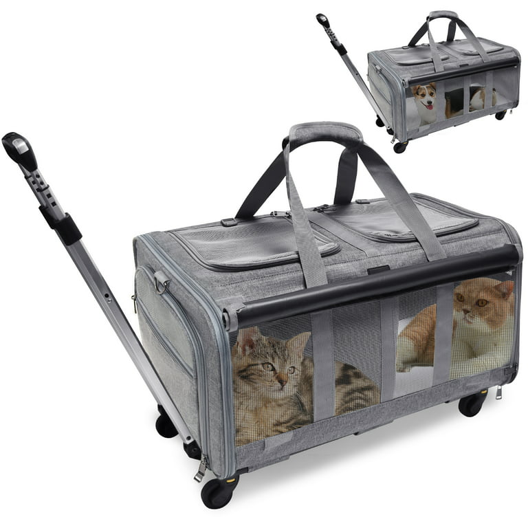 ELEGX Double-Compartment Pet Rolling Carrier with Wheels for 2 Pets,for Up  to 35 LBS,Cat Rolling Carrier for 2 Cats,Super Ventilated Design,Ideal for