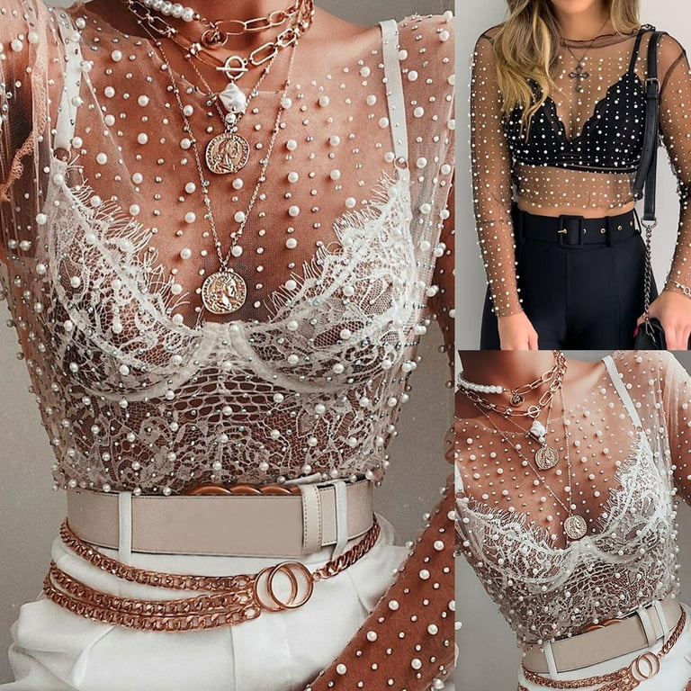 ☆MSCHF☆SHEER MESH TOP ZUARFY Womens Long Sleeve Sheer Mesh Crop Top Shiny Pearls