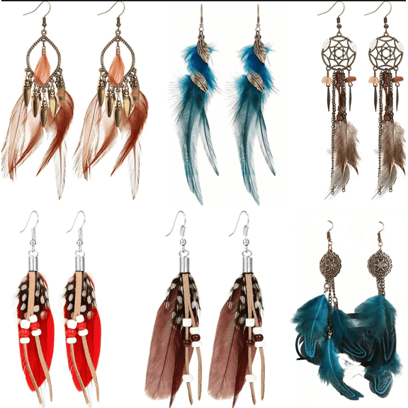 XBage 6 Pairs Women Faux Feather Earrings Dream Catcher Bohemian Fringe Tassel Long Drop Dangle Earrings Set With Design For Women[Z920]