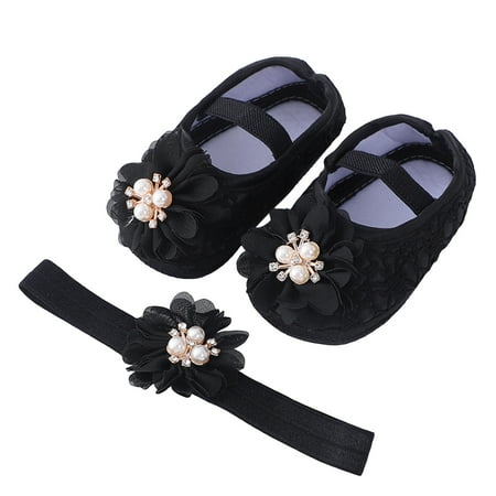 

Co.MMehjri Baby Girls Flats and Headband Soft Sole Non-slip Pearl Flower Princess Wedding Dress Walking Shoes for Newborn