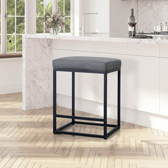 Grey Counter Height Bar Stool for Kitchen Counter 24 Inch Backless Modern Barstool Industrial Upholstered Faux Leather Stool Farmhouse Island Chair, Support 330 LBS, Grey, 1 PC