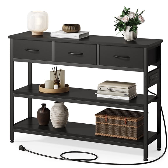 Aufeile 43" Narrow Console Table, Entryway Table with 3 Drawers and Outlets, Fabirc Sofa Table with Open Shelves for Couch, Hallway, Foyer, Living Room, Black