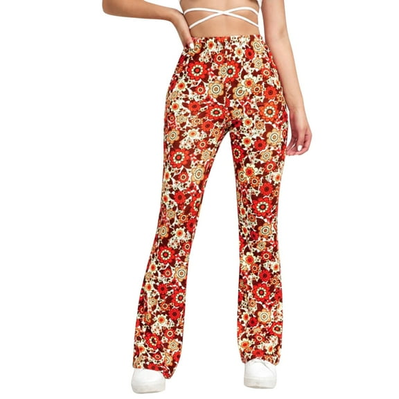 Bibifish Womens Pants Ladies Floral Printed Flared Pants With Pockets Elastic Waisted Casual Workout Streetwear Pants For Ladies