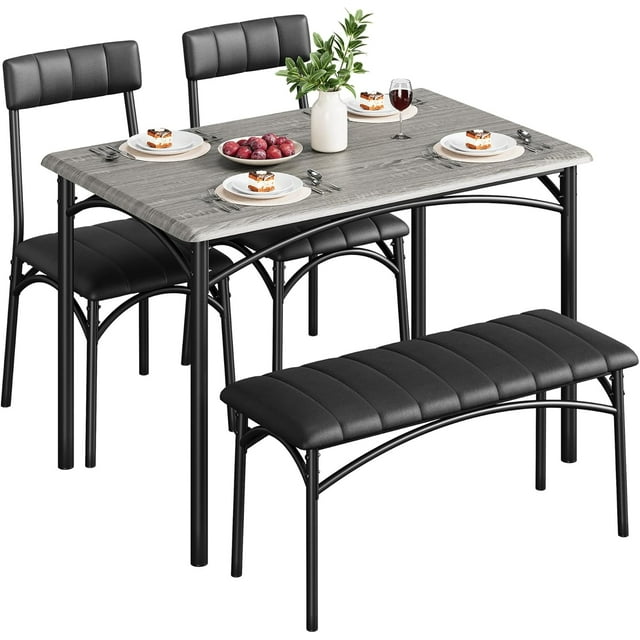 Twister.CK Dining Table Set for 4, Kitchen Table and Chairs, Rectangular Kitchen Table Set with Upholstered Bench, for Small Space, Apartment, Gray