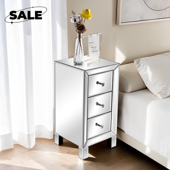 GZXS 3-Drawer Mirrored Side Table, Nightstand with Storage, 11.8" End Table for Bedroom, Living Room, Silver