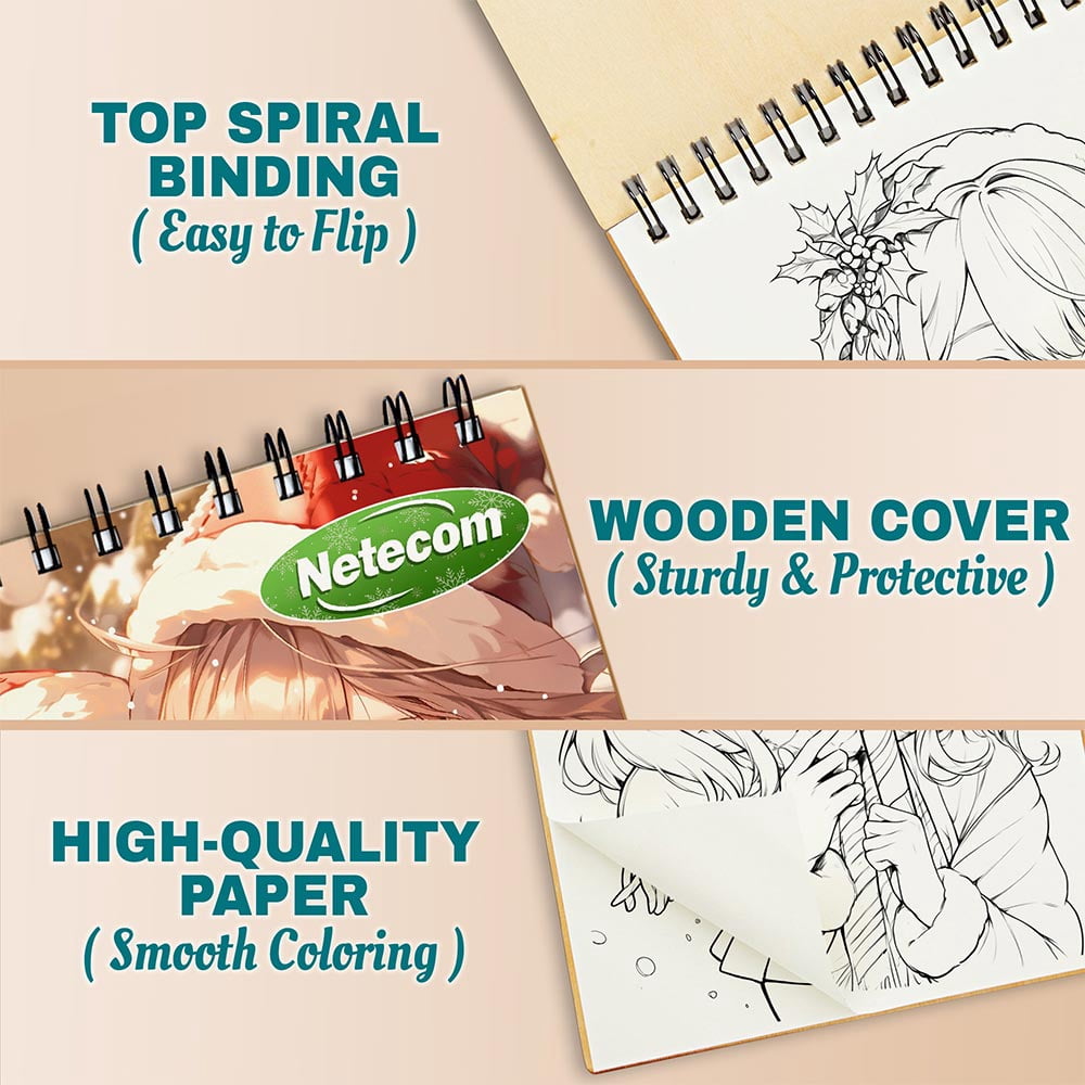 Netecom Kawaii Girls Christmas Coloring Book Spiral Bound for Adults, A5 Wooden Cover, 30 Whimsical Coloring Pages of Anime Girls Enjoying the Christmas Holiday for Stress Relief and Relaxation