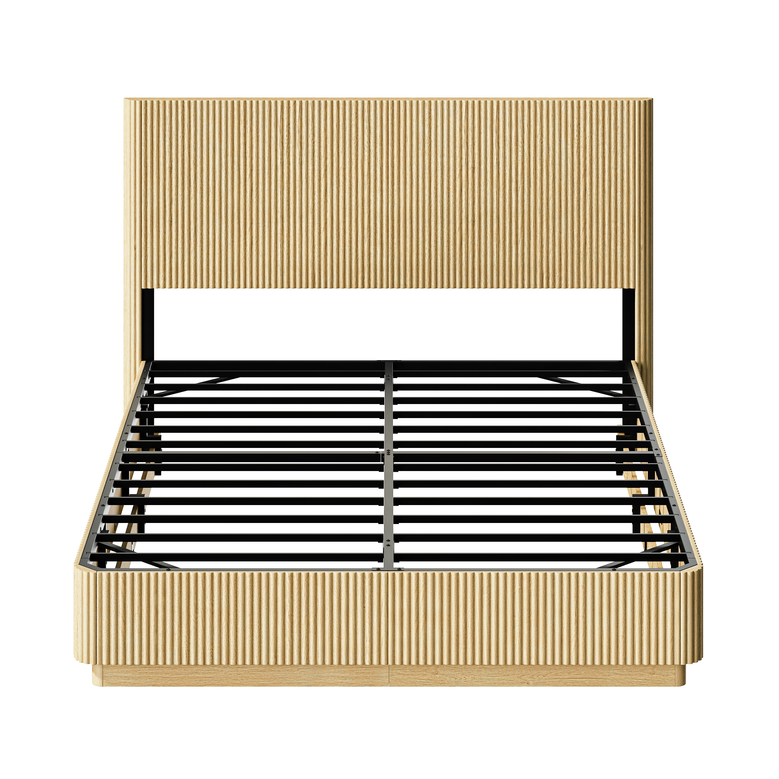 Queen Size Bed Frame with Built-In Nightlight System, Modern Wooden Corrugated Curved Lines Platform Bed, No Box Spring Needed, Adjustable Lighting, Oak