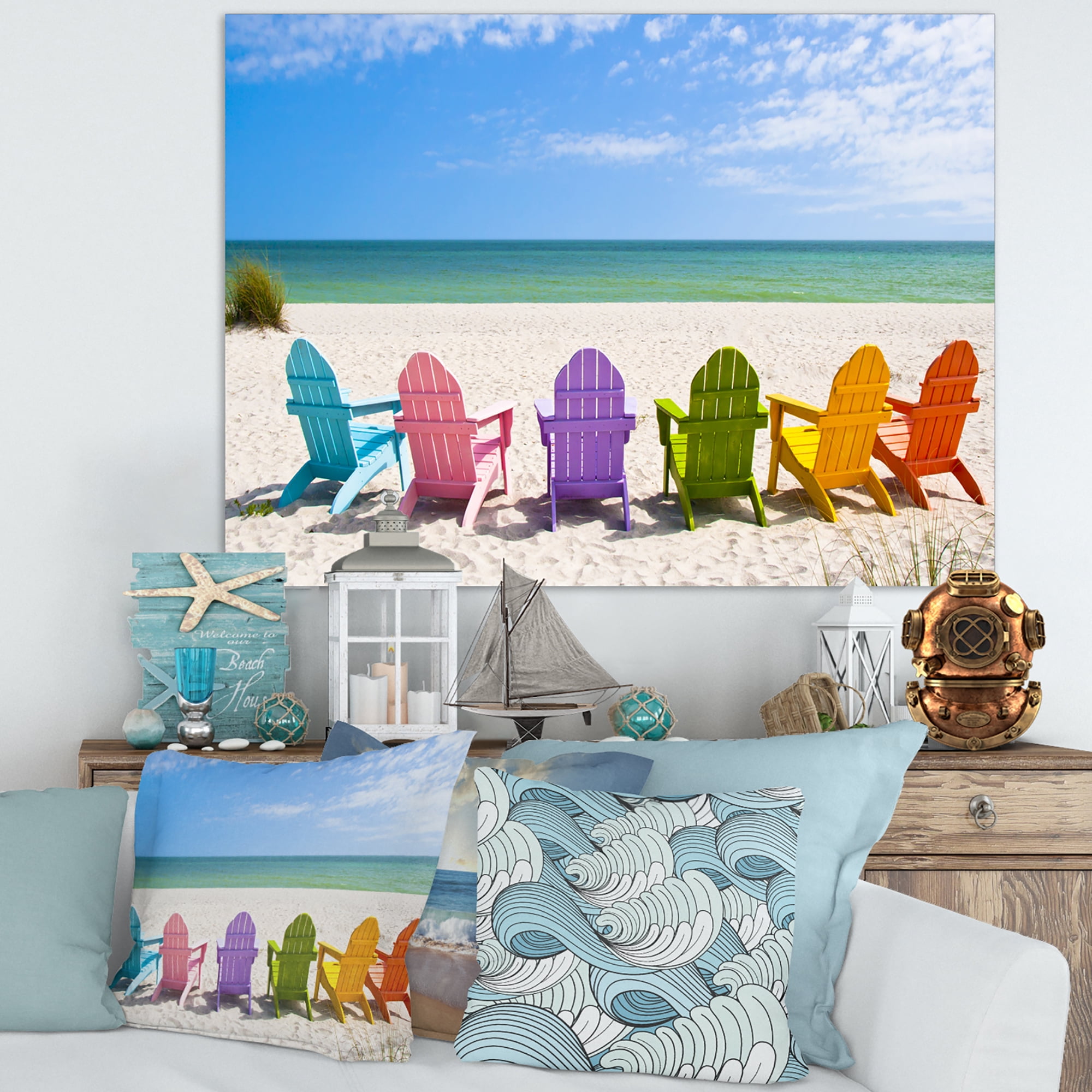 Designart 'Adirondack Beach Chairs ' Seashore Photo Canvas Art Print