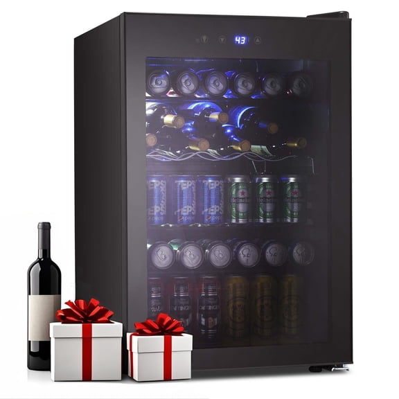 Auseo 145 Can Beverage Refrigerator and Cooler with Black Glass Door, Touch lock&Adjustable Shelf for Home/Office/Bar-Black