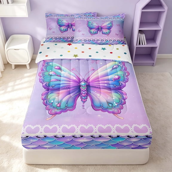 Erosebridal Kawaii Butterfly Zipper Twin Comforter Sets with Fitted Sheet and 2 Pillowcases, Cute Wildlife Zipper Bedding Set, Polka Dots Reversible, Pastel Purple, Polka Dots Reversible