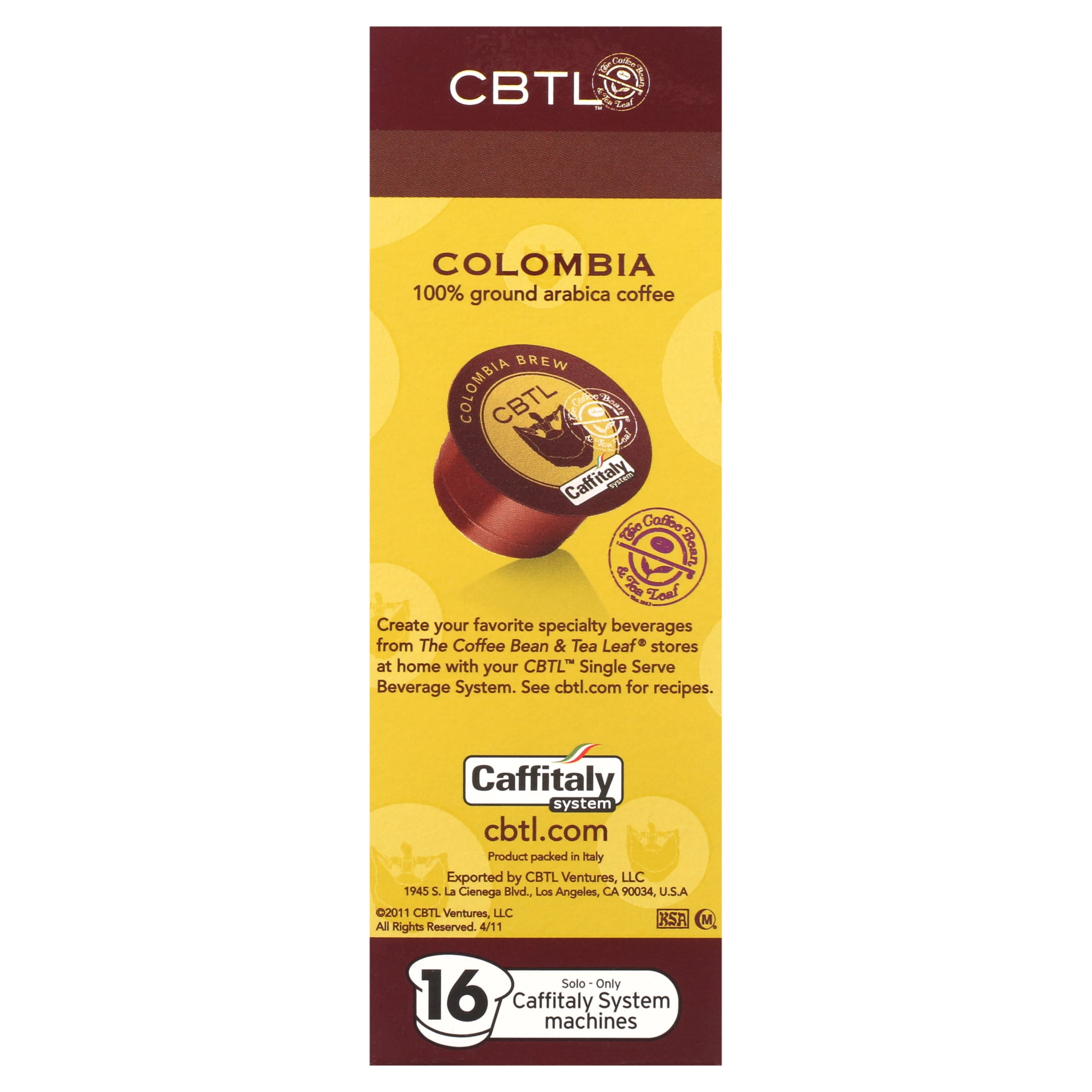 The Coffee Bean & Tea Leaf Colombia Brew Medium Roast Single Serve Coffee for CBTL Single Serve Systems, 1 Box of 16 Capsules