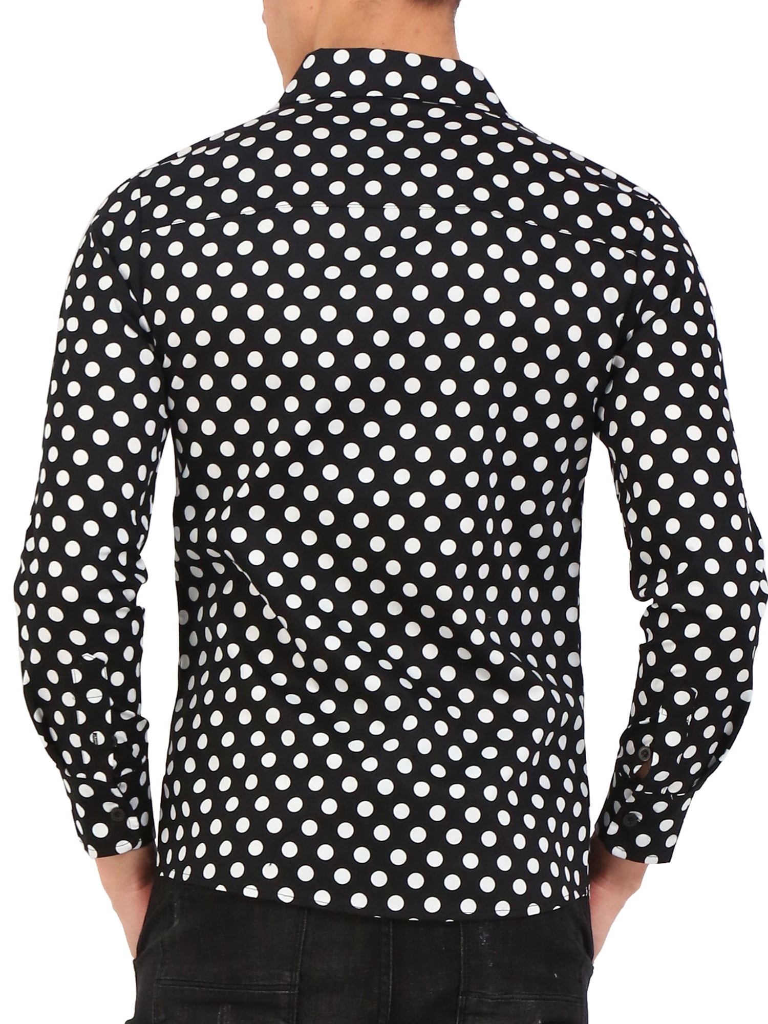 Unique Bargains Men's Long Sleeve Button Slim Polka Dots Shirt 34 Black