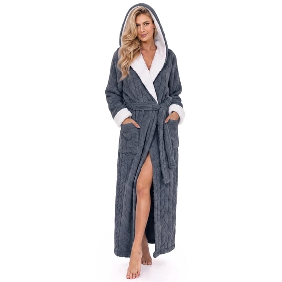 HEARTNICE Plush Full-Length Hooded Robe for Women, Cozy Warm Winter Fleece Bathrobe with Pockets（DARK GREY, L/XL）
