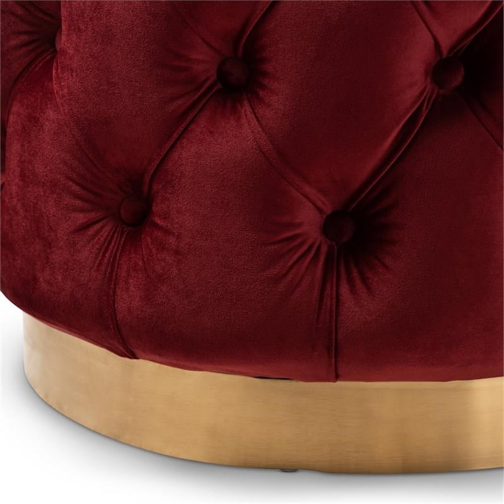 Valeria Glam Burgundy Red Velvet Fabric Upholstered Gold-Finished Button Tufted Ottoman