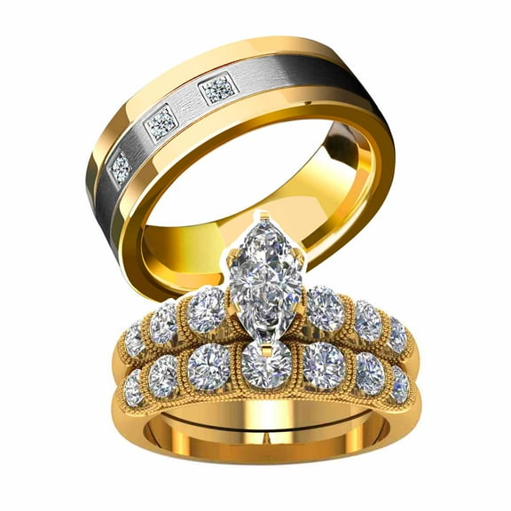 His and Hers Wedding Ring Sets Couples Rings Yellow Gold Plated Heart Cz Stainless steel band