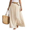 thumbnail image 2 of Womens Linen Maxi Skirts Summer Boho Solid Beach Elastic High Waist Pleated A-Line Flowy Swing Long Maxi Skirts, 2 of 5