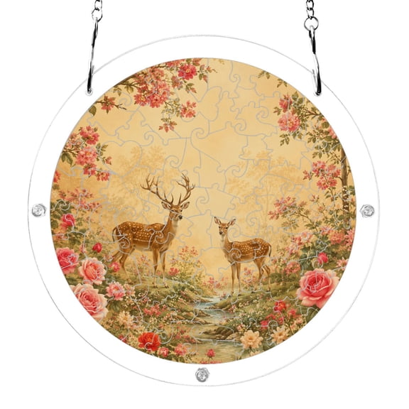 Romantic Deer Floral Garden Acrylic Jigsaw Puzzles 83 Pieces Suncatcher for Window Hanging 7.5 Inch Holiday Home Decor