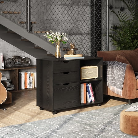 DEVAISE File Cabinet with 3 Drawers, Vertical Filing Cabinet Shelves, Printer Stand with Drawers on Wheels, Lateral Wood File Cabinets Fits A4 Letter Legal Size Folders, Black Office Furniture