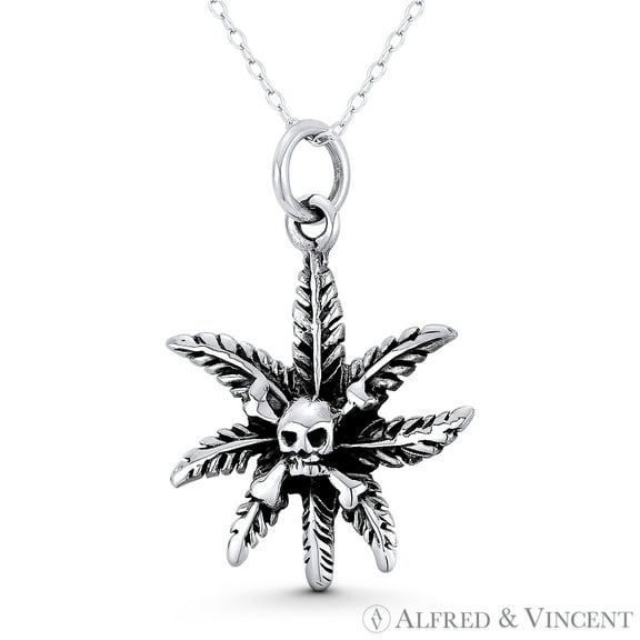 Cannabis / Marijuana Leaf w/ Skull & Crossbone Charm 34x24mm (1.3x0.9in) Pendant in Oxidized .925 Sterling Silver