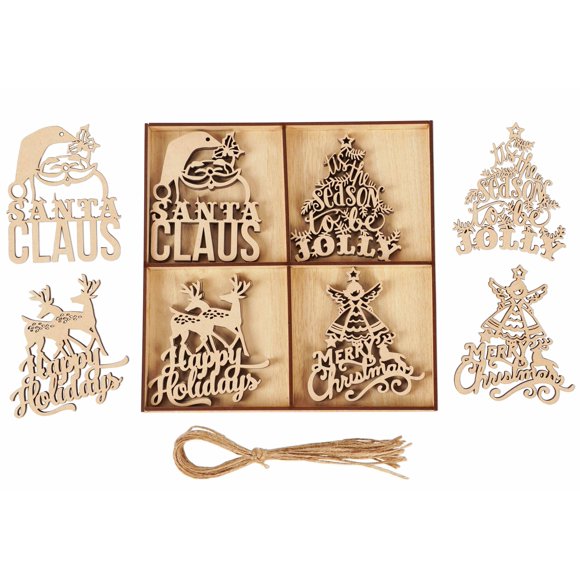 Inkdotpot 18pcs Wooden Christmas Ornaments, Unfinished Wooden Laser Cutouts Reindeer/Santa Claus Shaped Embellishments Hanging Ornament for Christmas Decorations- Tree Decor- Kids Crafts DIY